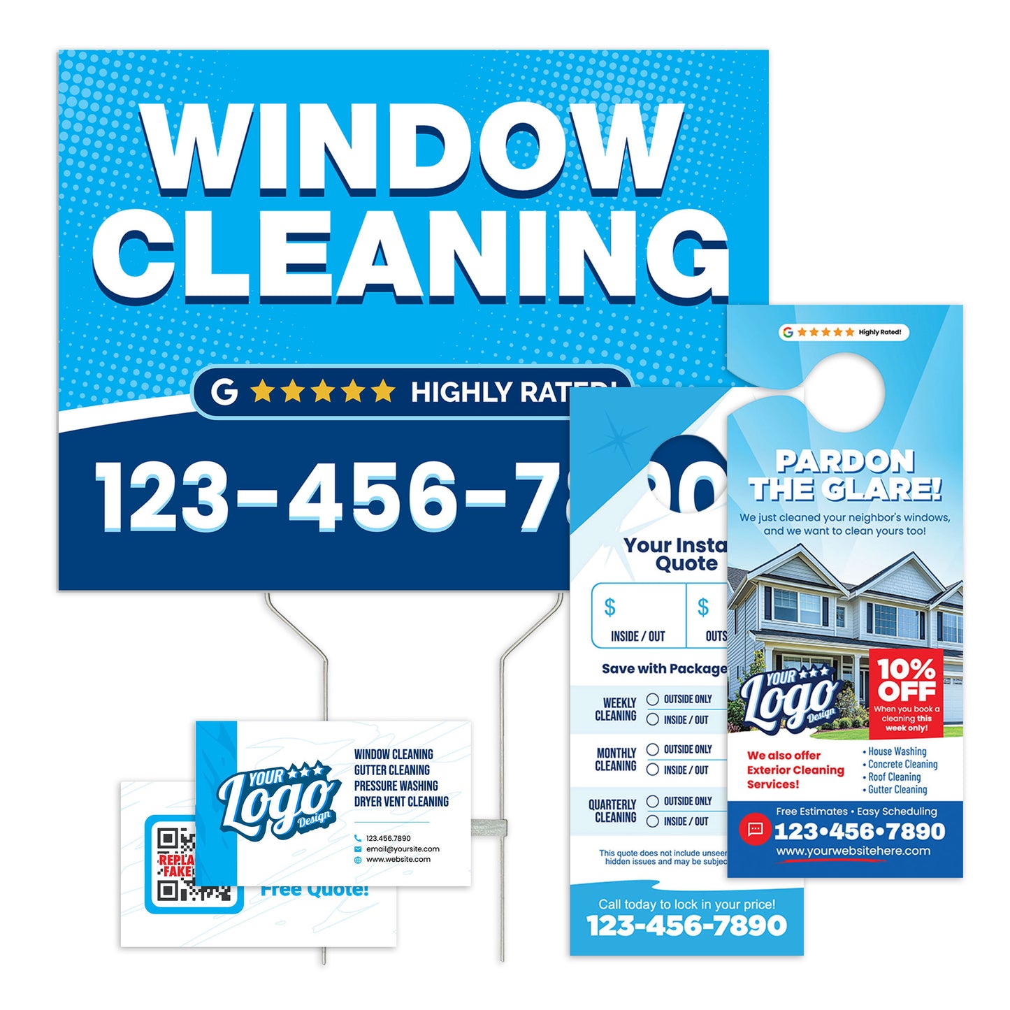 The Great American Yard Sign Deal mockup showing a bold red double-sided yard sign with included stakes, printed by WCR Marketing.