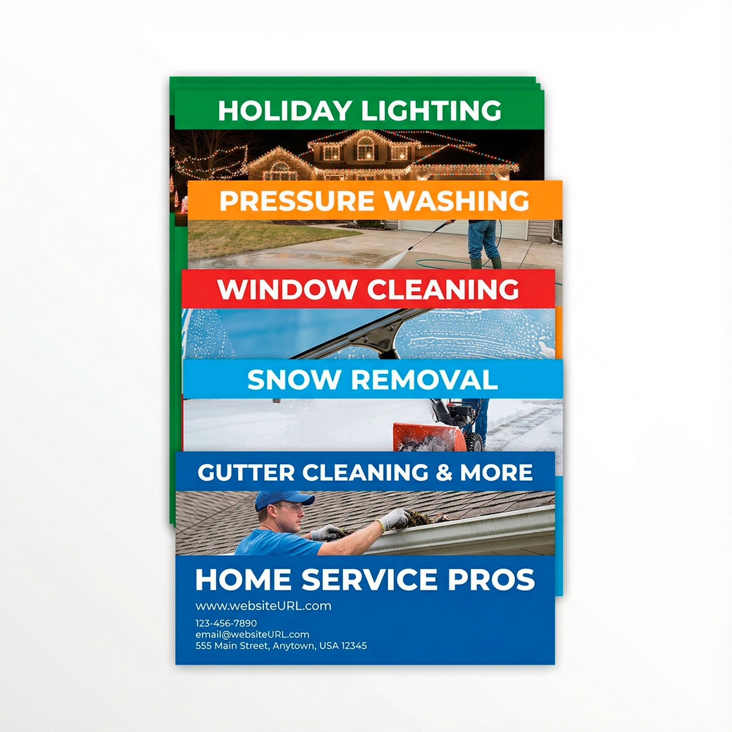 Front view of stagger cut flyers for home service businesses featuring multiple service offerings printed by WCR Marketing