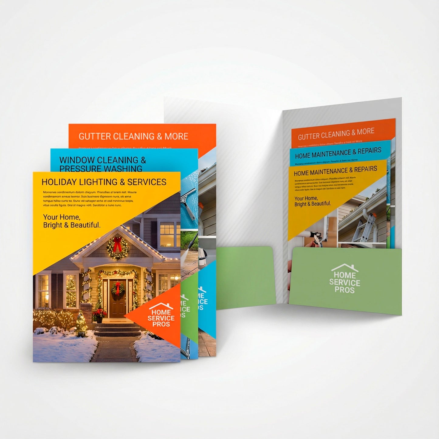 Open presentation folders with stagger cut flyers for home services marketing printed by WCR Marketing
