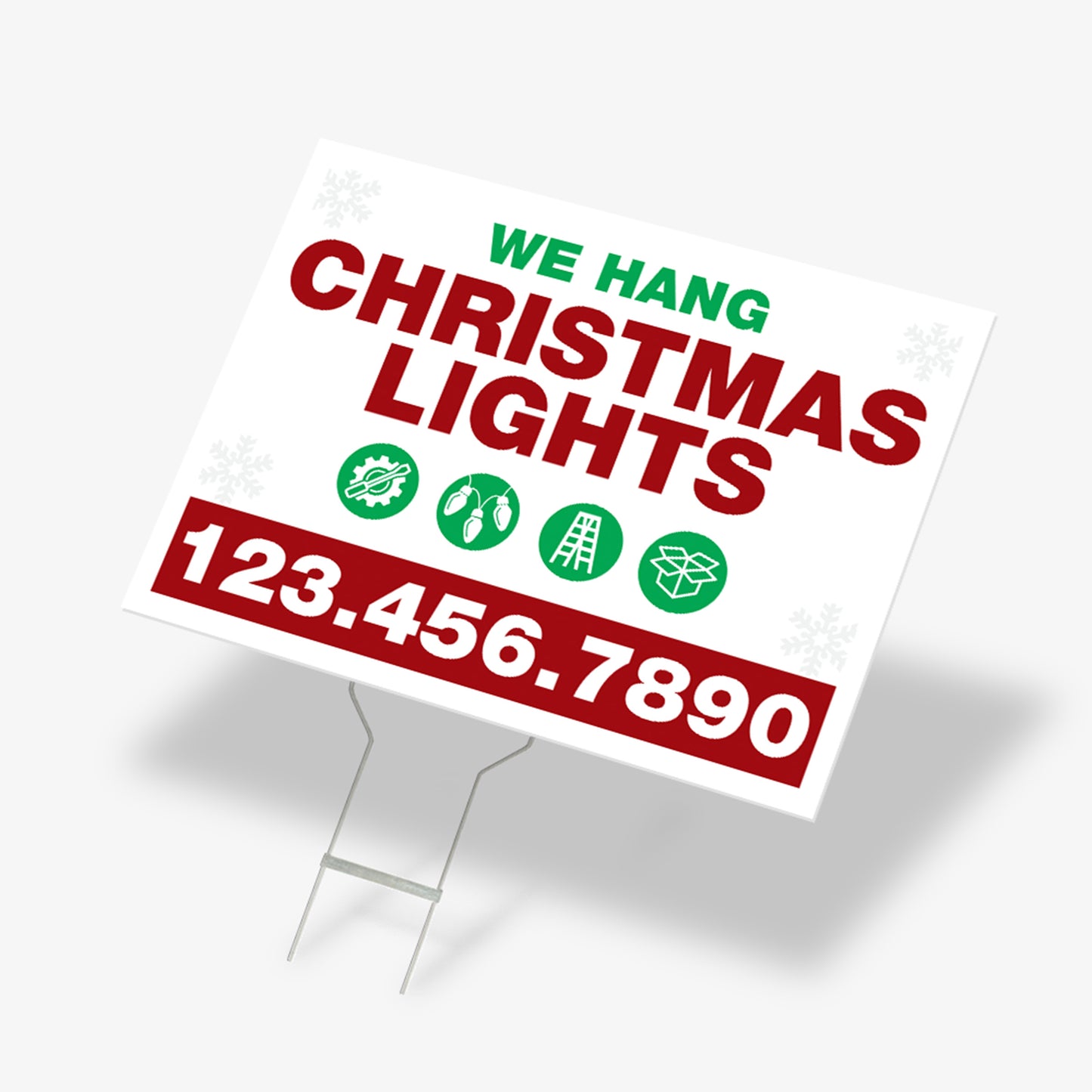 Economy yard sign that says “We Hang Christmas Lights” with green icons for installation, ladder, and light bulbs