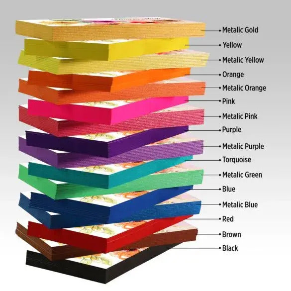Stack of colorful super thick business cards with labeled color options on a white background