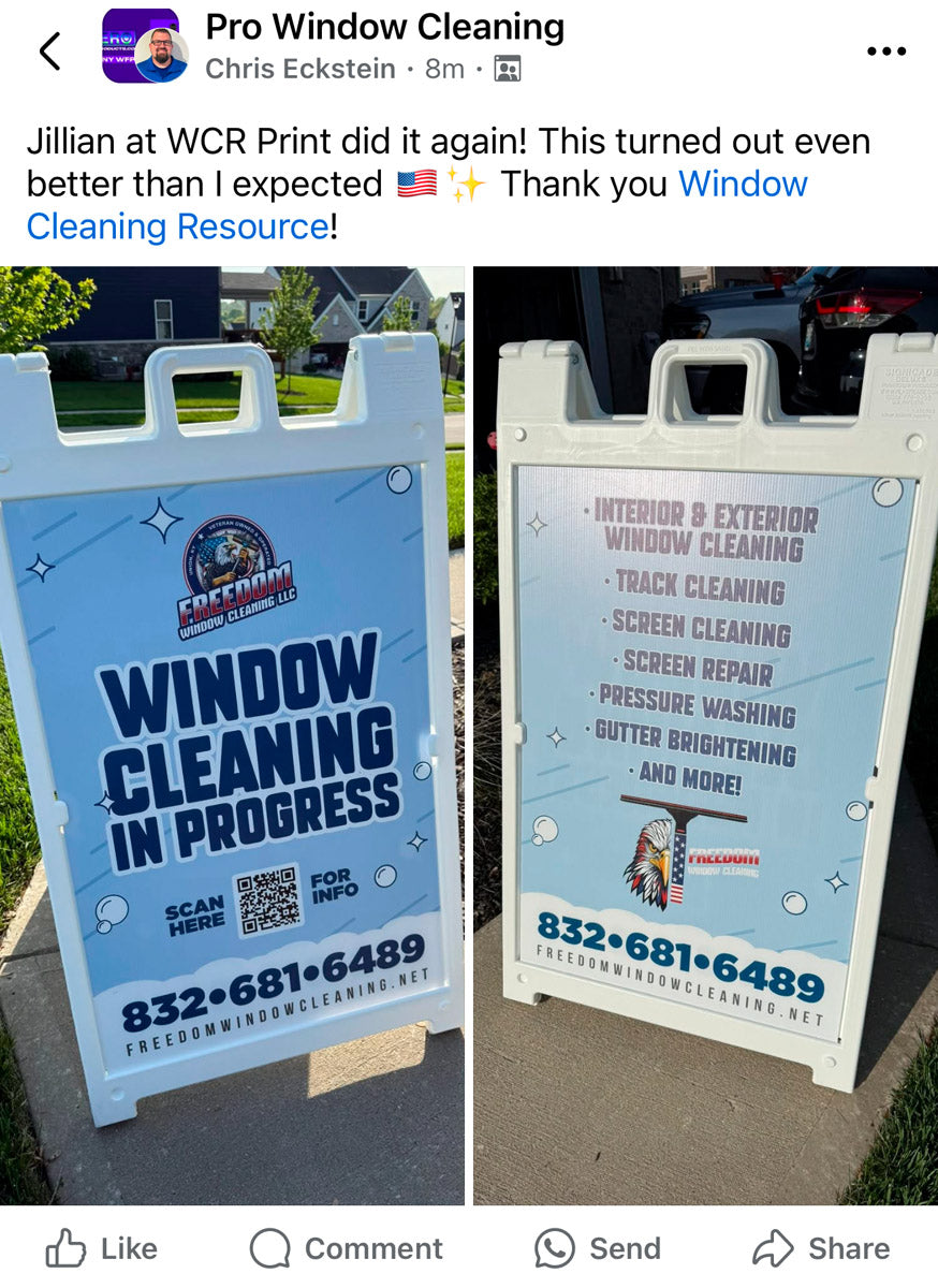 Freedom Window Cleaning A-frame signs featured in a customer Facebook post thanking WCR Marketing for the professional window cleaning signage, printed by WCR Marketing.