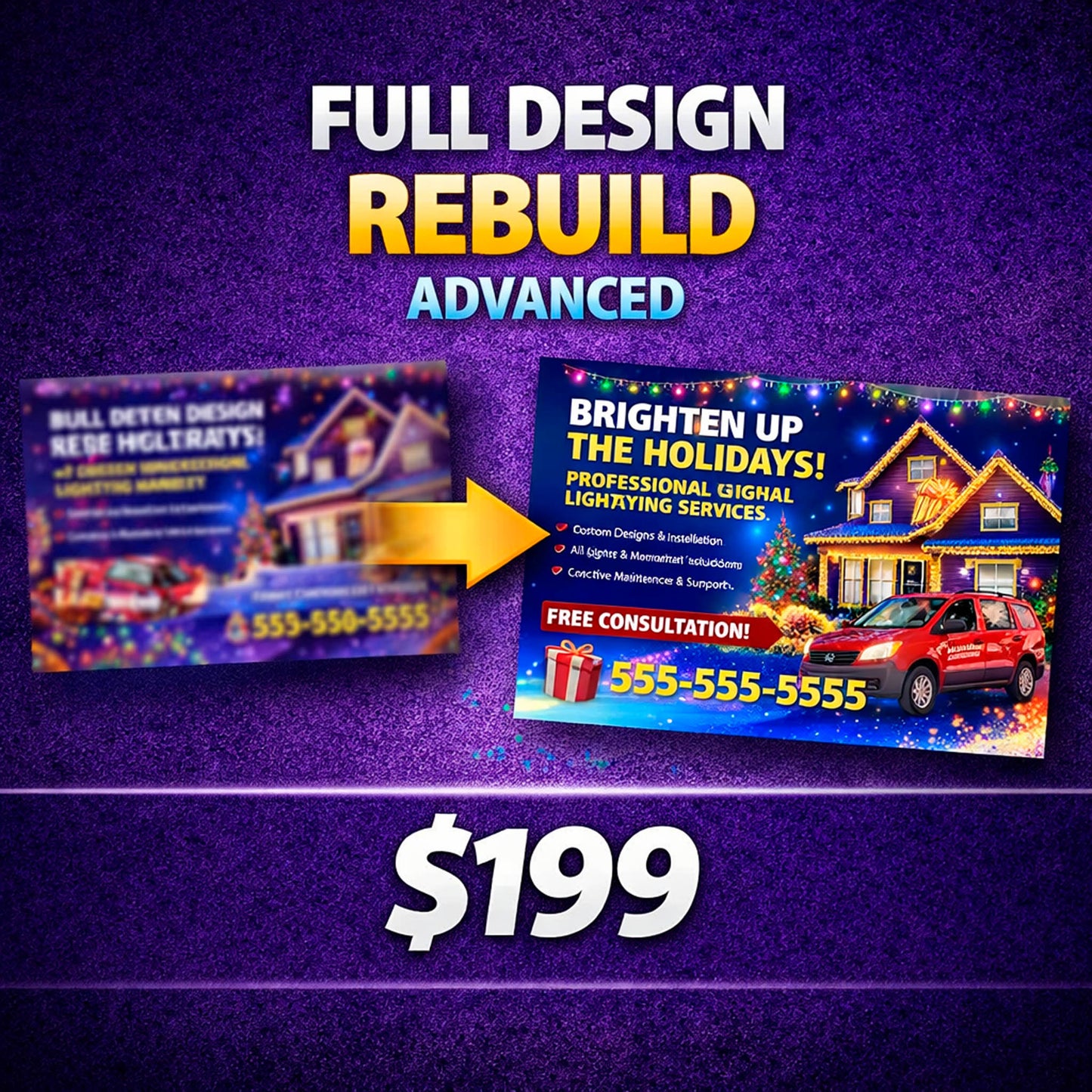 Advanced design rebuild service by WCR Marketing featuring 8.5 x 11 holiday lighting postcard redesign with full color layout and print ready setup
