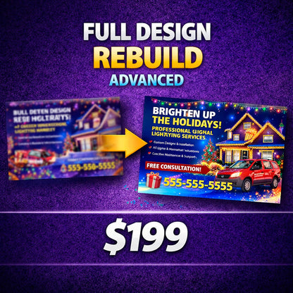 Advanced design rebuild service by WCR Marketing featuring 8.5 x 11 holiday lighting postcard redesign with full color layout and print ready setup
