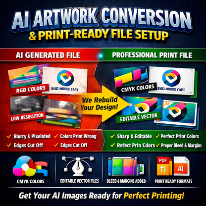 AI generated artwork vs print ready file comparison showing CMYK color correction vector rebuild and bleed setup by WCR Marketing
