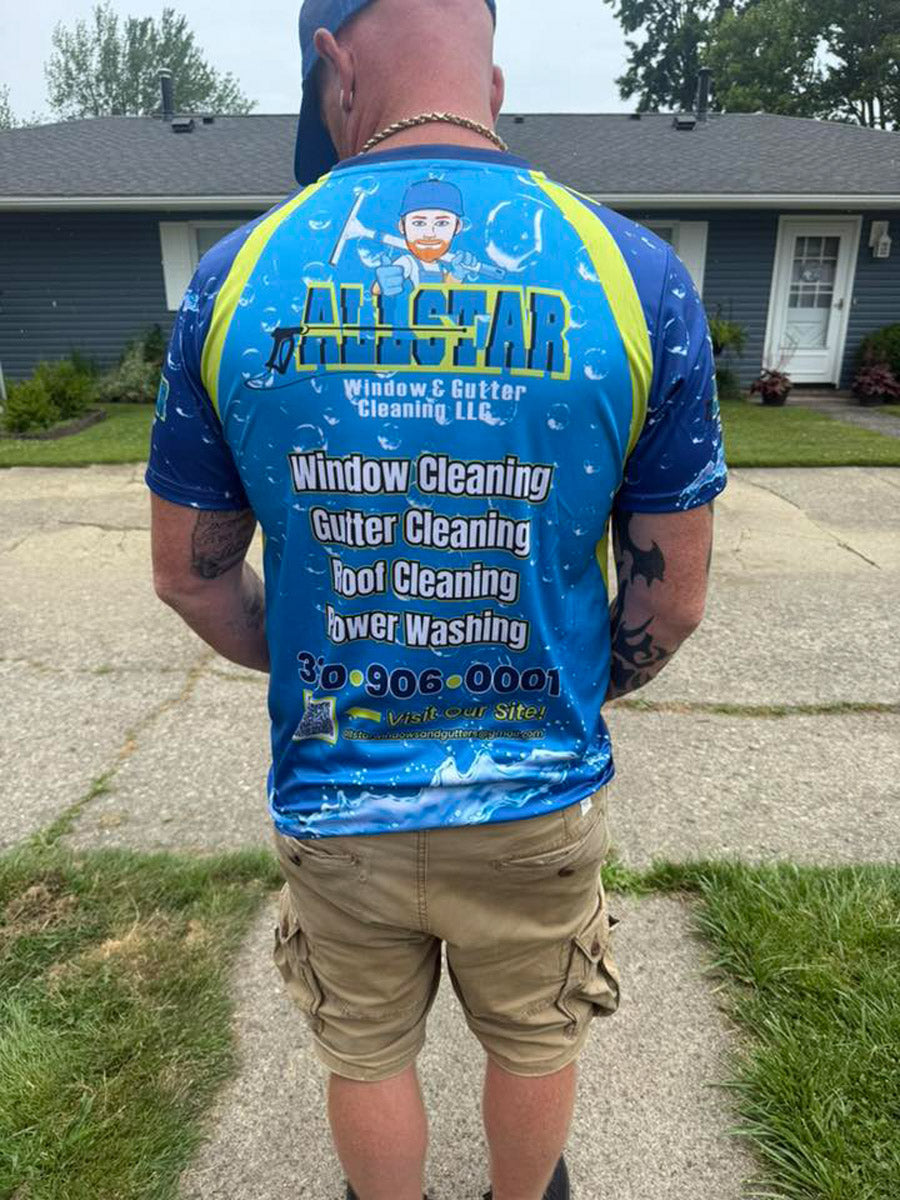 Back view of All Star Window & Gutter Cleaning dye-sublimated jersey listing multiple cleaning services in white text, printed by WCR Marketing.