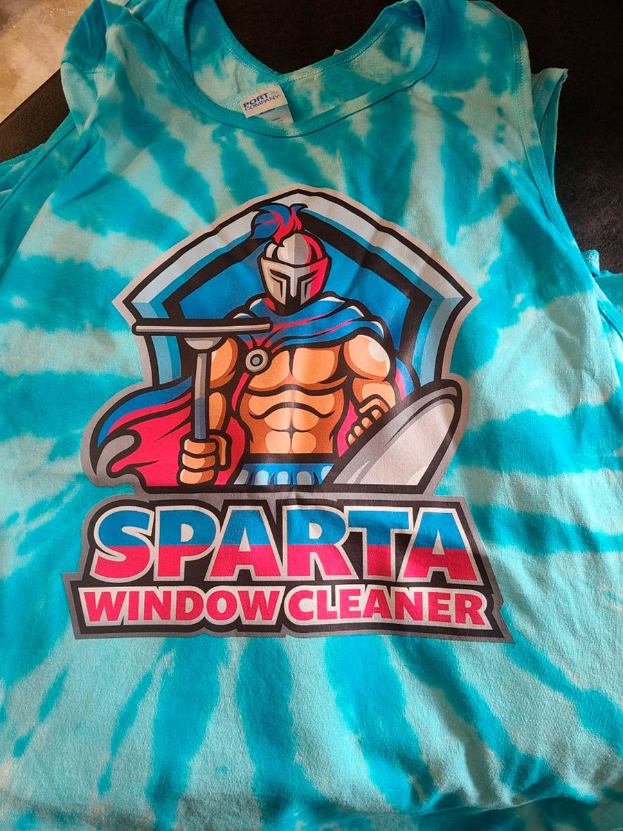 Turquoise tie-dye tank top with bold “Sparta Window Cleaner” mascot logo printed front and center, printed by WCR Marketing.