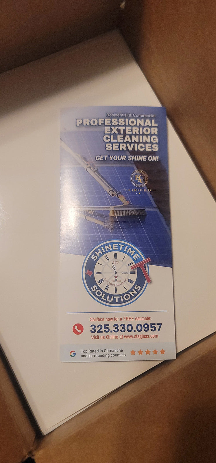 Shine Time Solutions tri-fold brochure advertising professional exterior cleaning and solar panel washing, printed by WCR Marketing.