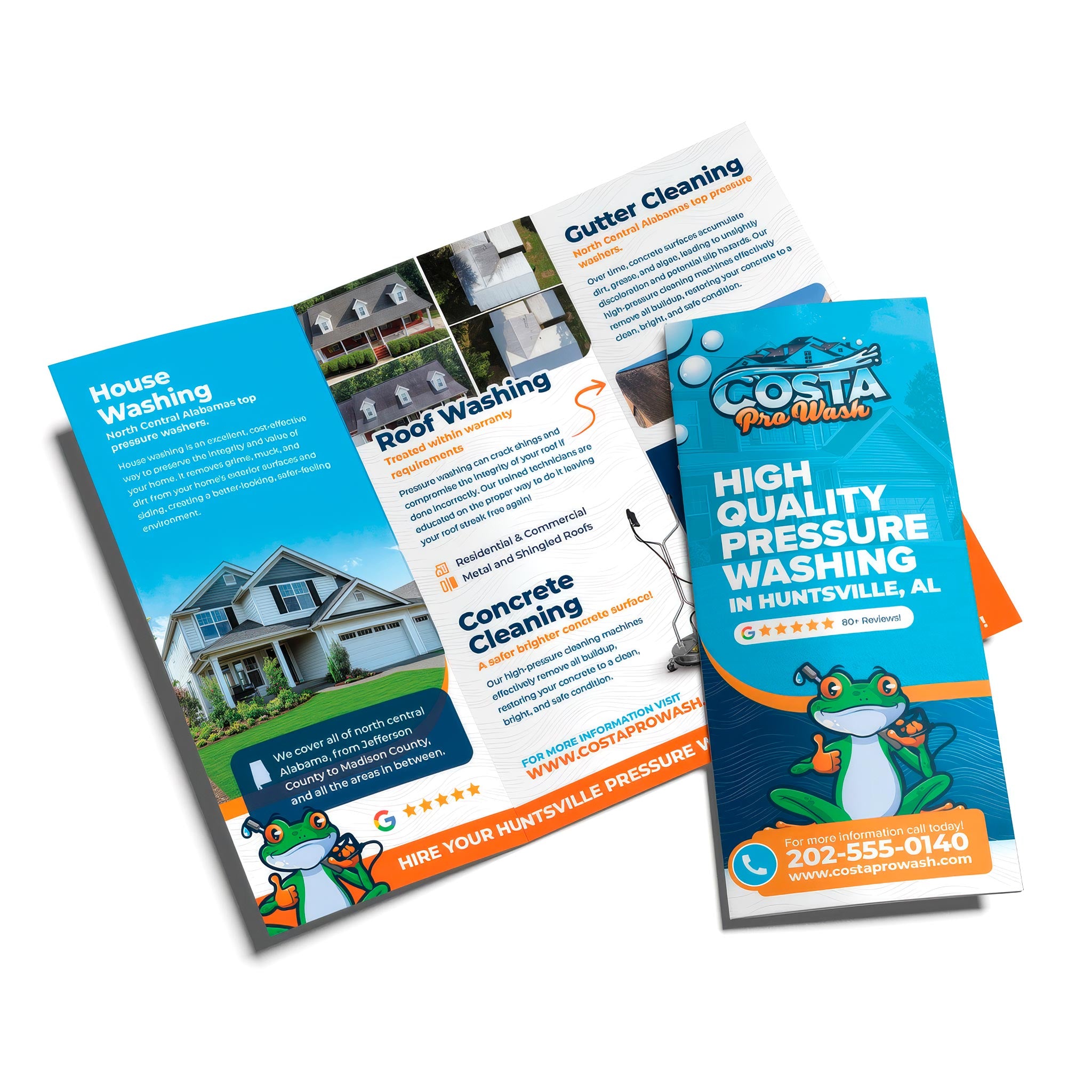 Tri-fold pressure washing brochures showcasing house washing, roof cleaning, gutter services, and professional branding layouts, printed by WCR Marketing.