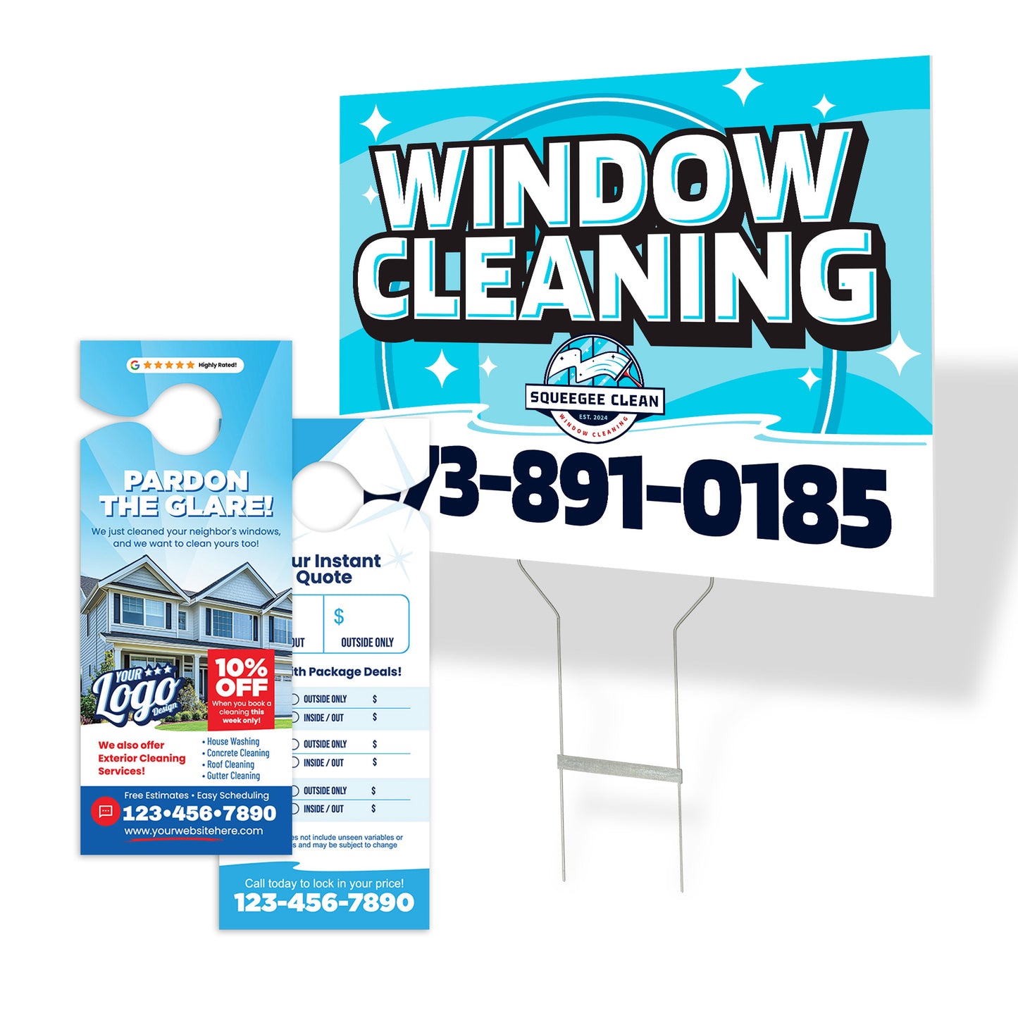 Aqua window cleaning marketing bundle showcasing a yard sign and matching door hangers, printed by WCR Marketing.