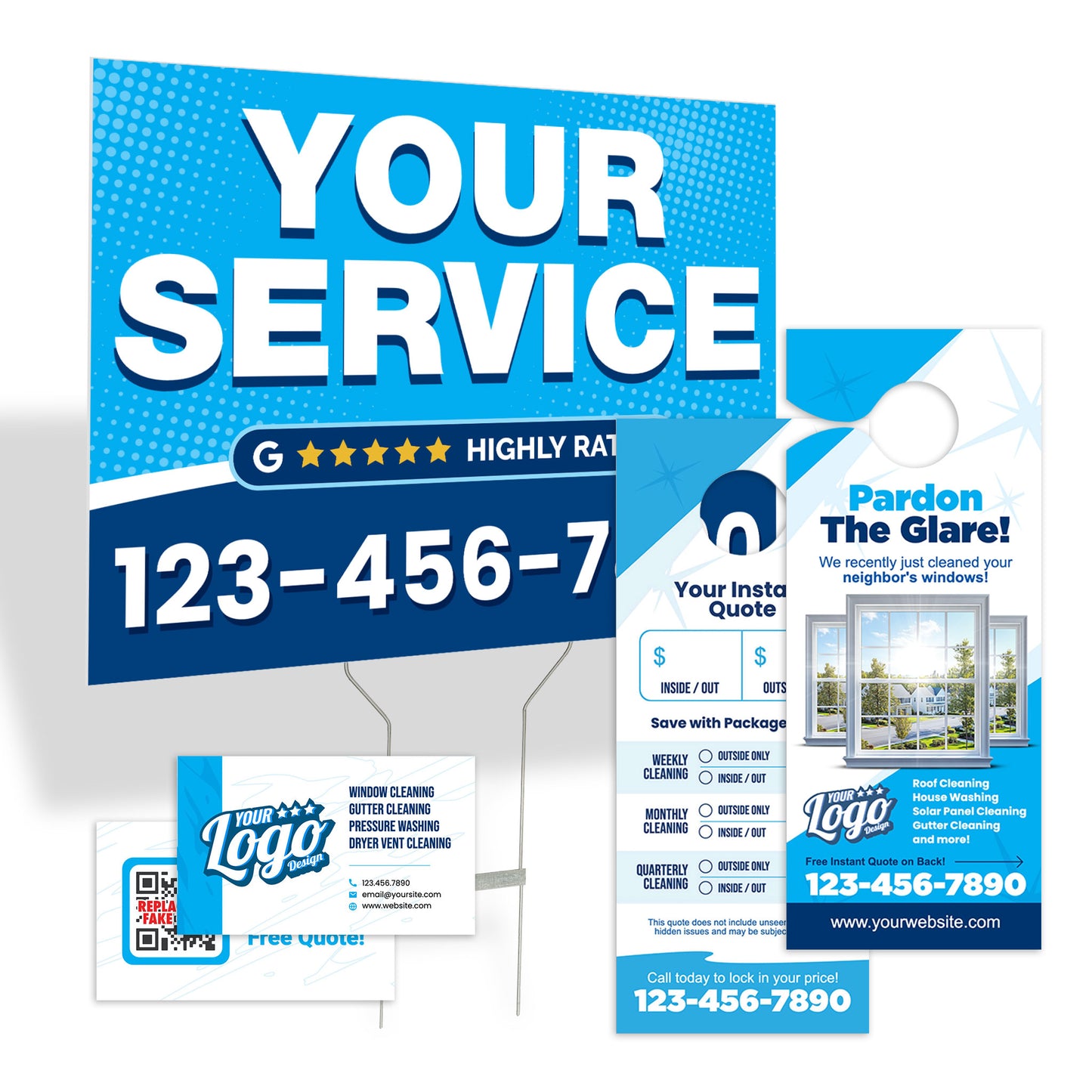 Blue service-themed marketing bundle with yard sign, door hangers, and business cards arranged together, printed by WCR Marketing.