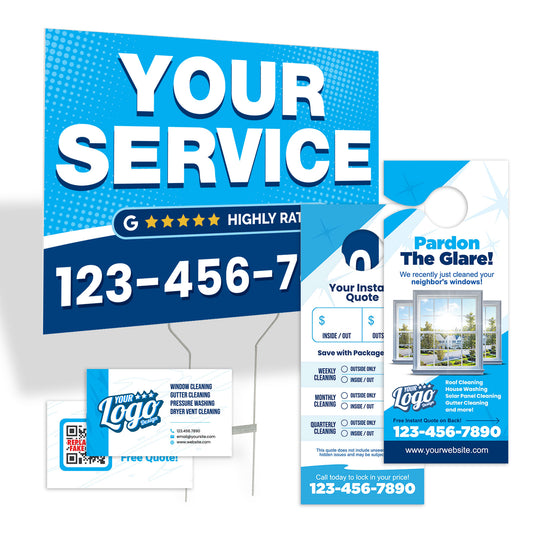 Blue service-themed marketing bundle with yard sign, door hangers, and business cards arranged together, printed by WCR Marketing.
