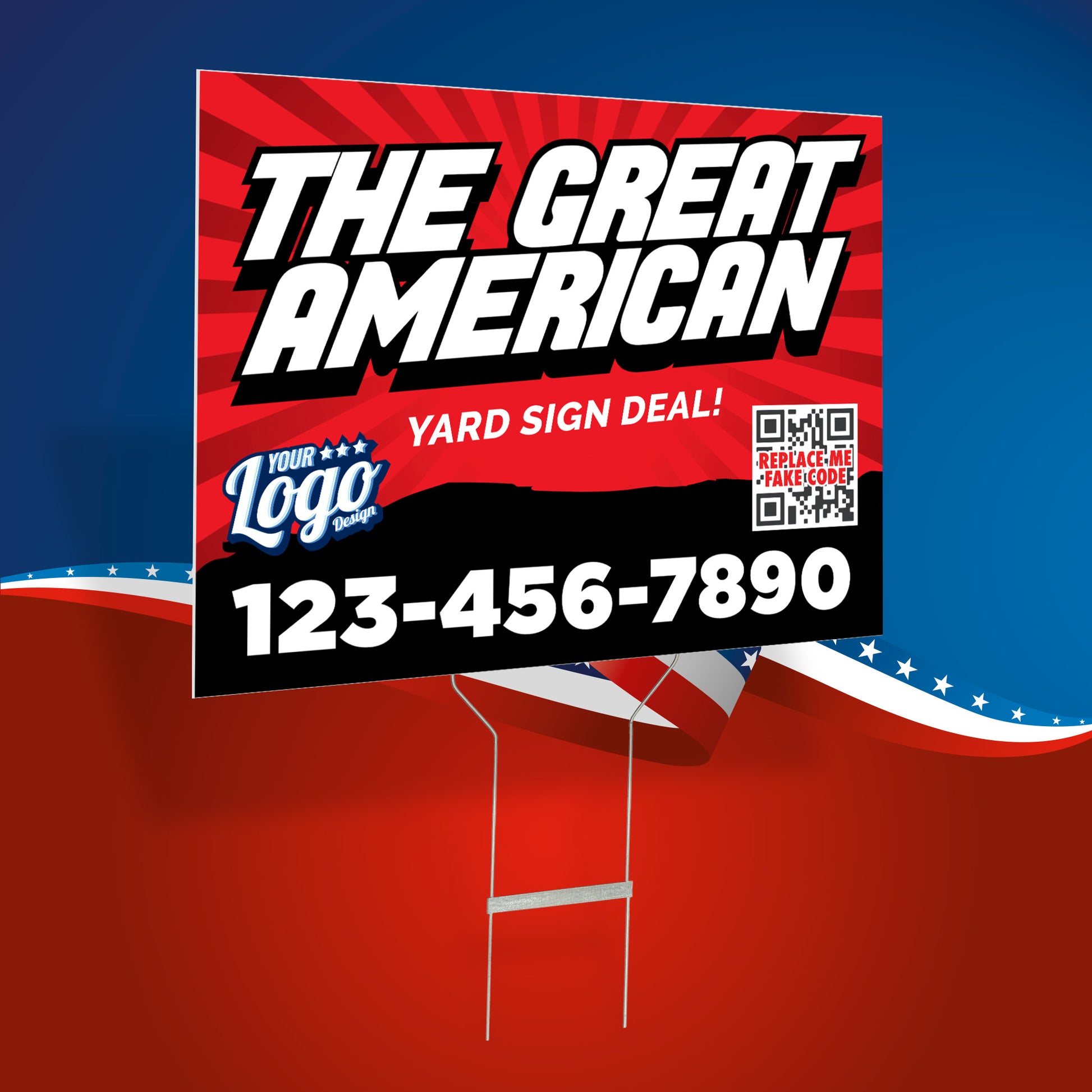 The Great American Yard Sign Deal mockup showing a bold red double-sided yard sign with included stakes, printed by WCR Marketing.