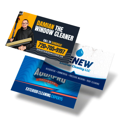 Bold window cleaning business cards with illustrated branding, contact info, and professional exterior cleaning themes, printed by WCR Marketing.