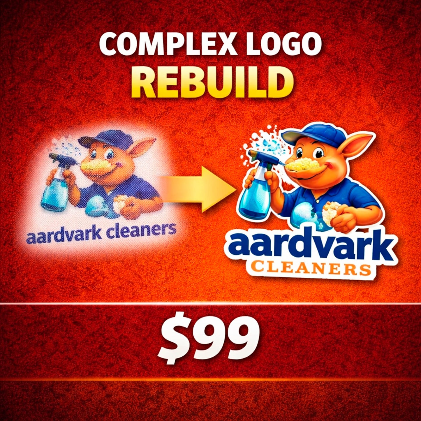 Complex logo rebuild service by WCR Marketing recreating aardvark cleaners mascot logo into high detail professional vector artwork
