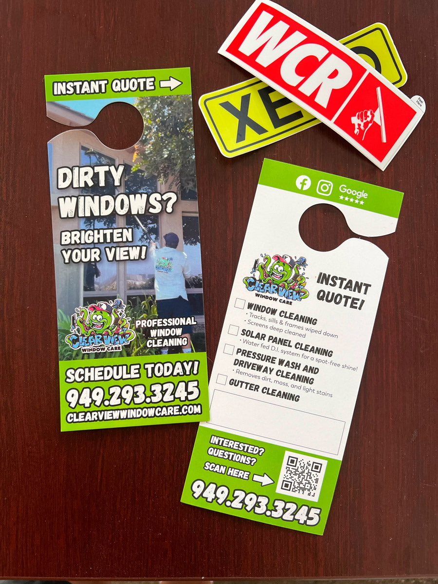 Clear View Window Care door hangers displayed with WCR and XERO stickers, featuring bright green design and instant quote QR code, printed by WCR Marketing.
