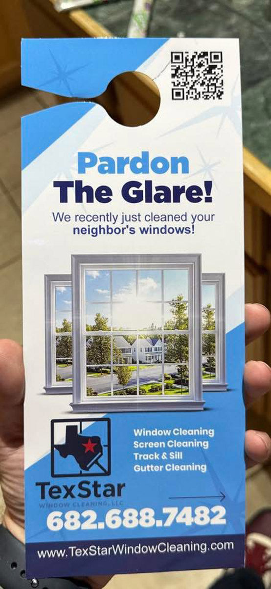 Shield and Shine Window Cleaning door hanger back featuring $50 off coupon and package deals with gold and platinum service tiers, printed by WCR Marketing.