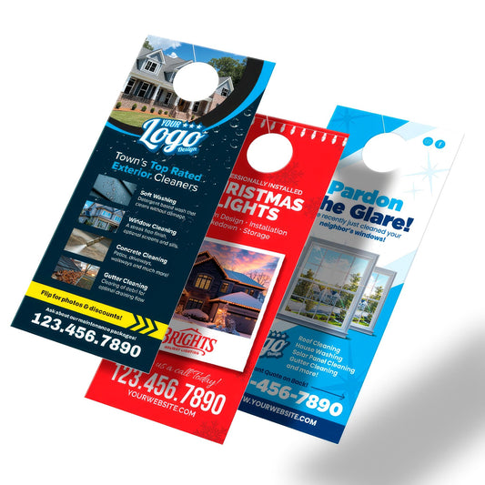 Exterior cleaning door hangers promoting window cleaning, soft washing, Christmas lights, and seasonal services with full-color branding, printed by WCR Marketing.