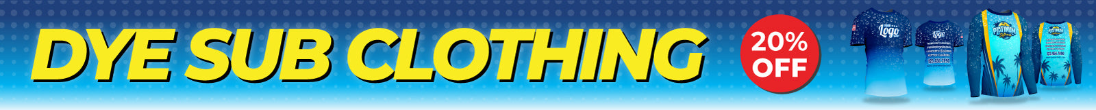 Promotional banner for WCR Marketing dye sublimated clothing featuring 20% off sale and sample custom shirts