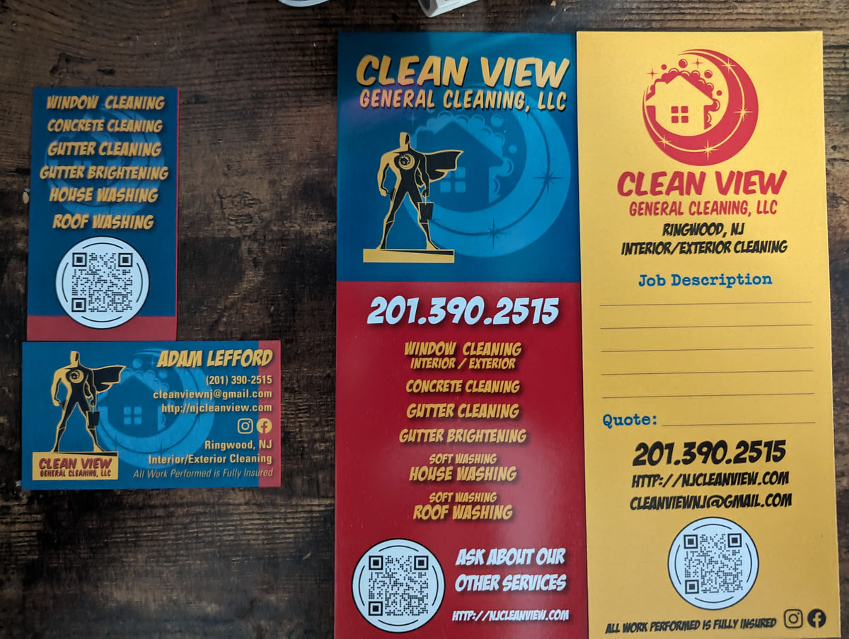 Clean View General Cleaning LLC job quote form, tri-fold flyer, and business card displayed together on a wood table, printed by WCR Marketing.