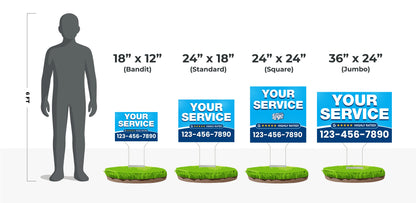 Full Color Yard Sign size comparison chart showing 12x18 Bandit, 24x18 Standard, 24x24 Square, and 36x24 Jumbo signs next to 6-foot person silhouette for scale.