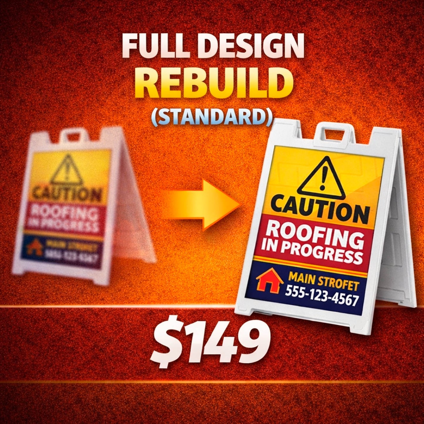 Full design rebuild standard service by WCR Marketing featuring roofing a frame sign with caution roofing in progress message and print ready layout