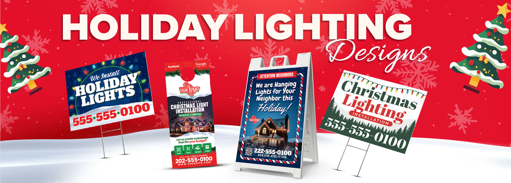 Holiday lighting marketing designs including yard signs, door hangers, and A-frame signs for Christmas light installation services, shown on a festive red winter background – WCR Marketing.