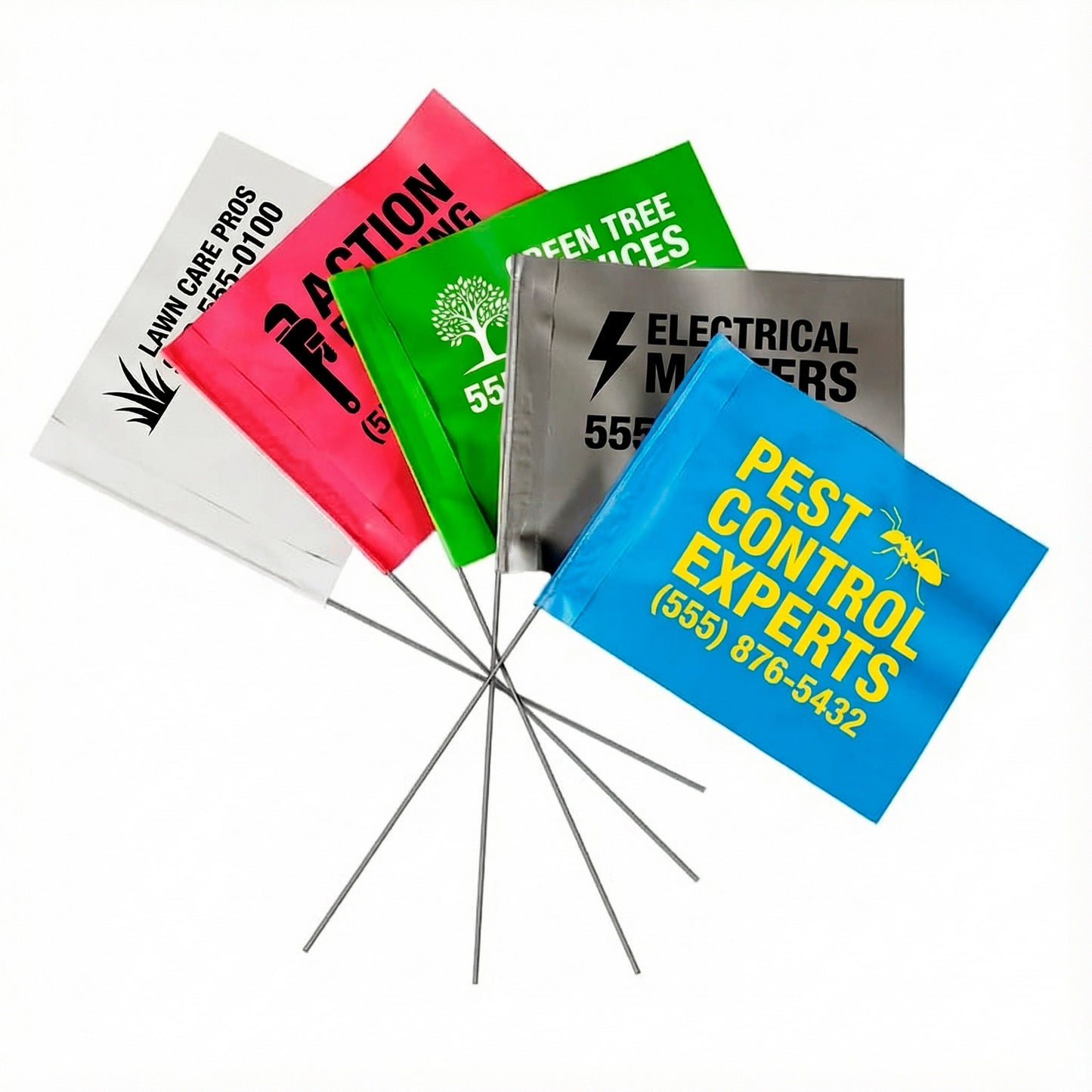 Assorted custom marking flags for home service businesses including pest control, electrical, lawn care, and tree services printed by WCR Marketing