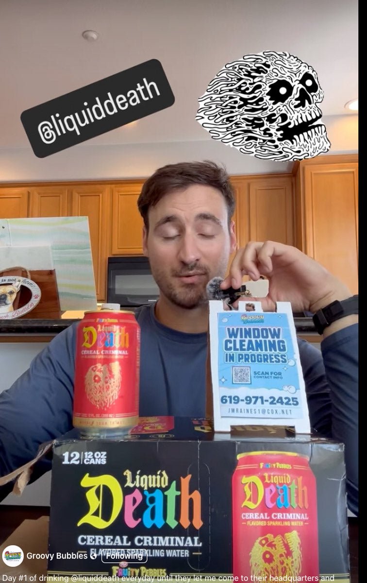 Groovy Bubbles Window Cleaning miniature A-frame sign shown on tabletop beside Liquid Death cans in promotional social media post, printed by WCR Marketing.