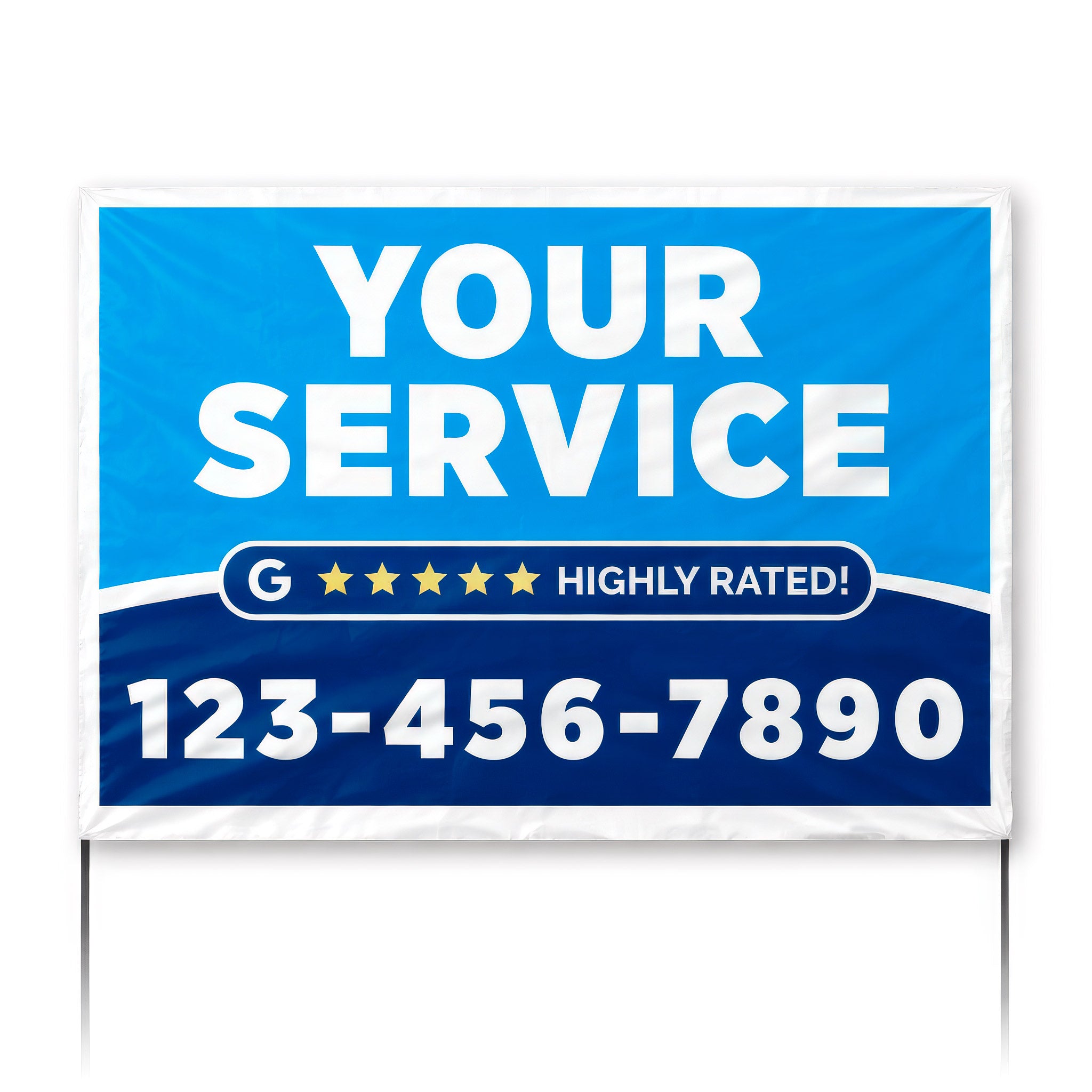 Poly bag yard sign featuring service name, Google five star rating badge, and phone number printed by WCR Marketing
