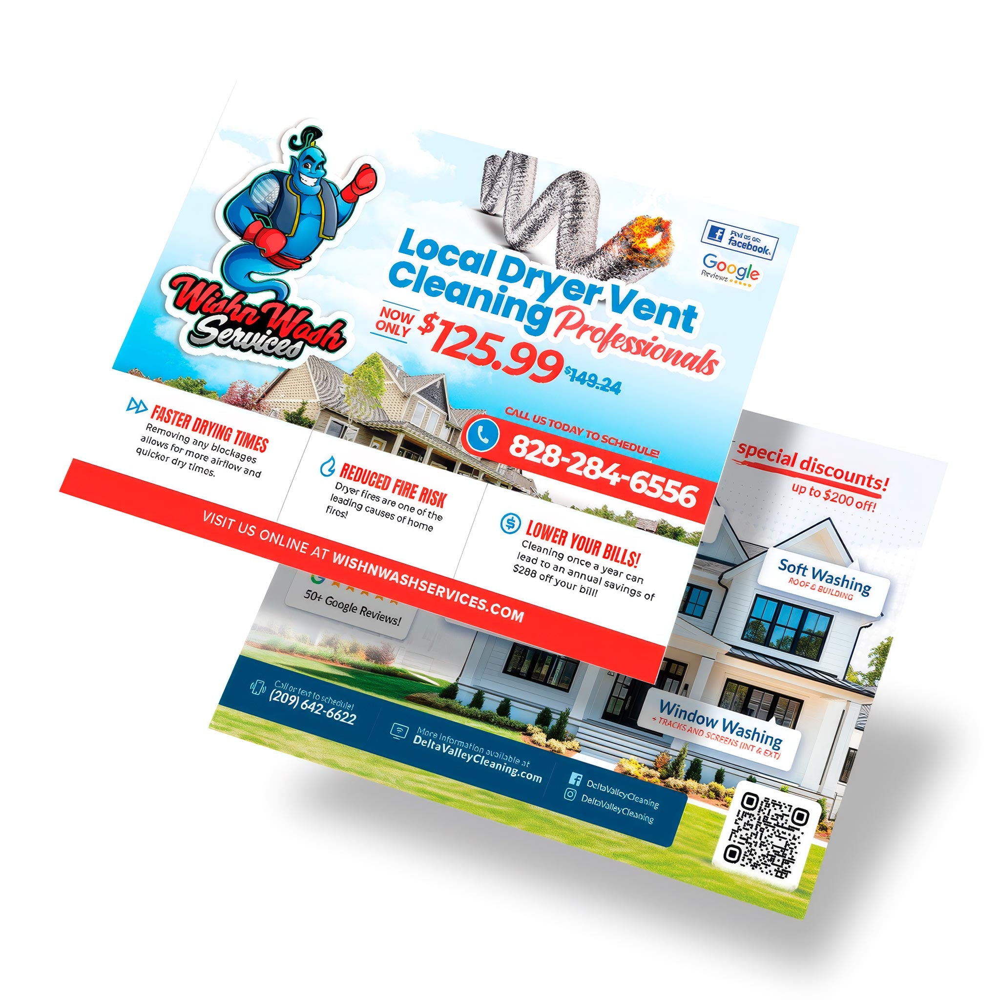 Full-color pressure washing and dryer vent cleaning postcards designed for direct-mail marketing with service highlights and customer offers, printed by WCR Marketing.