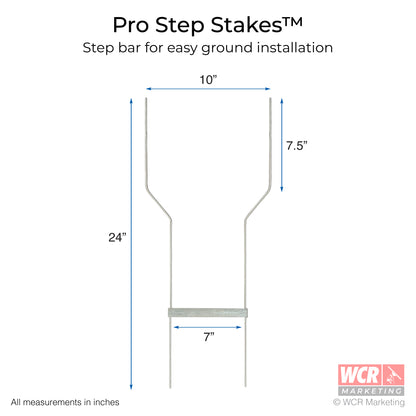Diagram of the Pro Step Stake with labeled measurements for width, height, and step bar spacing, printed by WCR Marketing.
