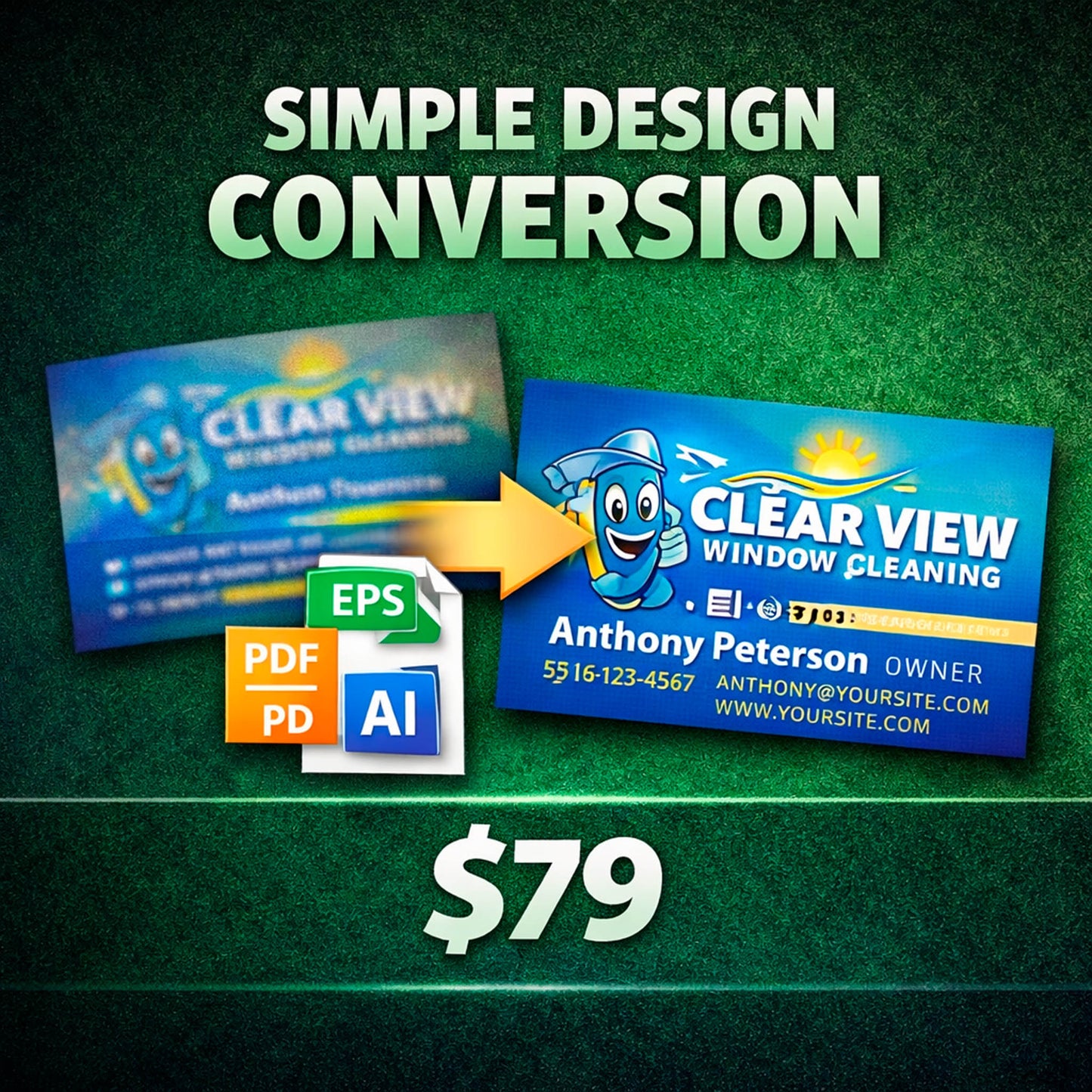Simple design conversion service by WCR Marketing turning window cleaning business card into print ready file with proper layout and color