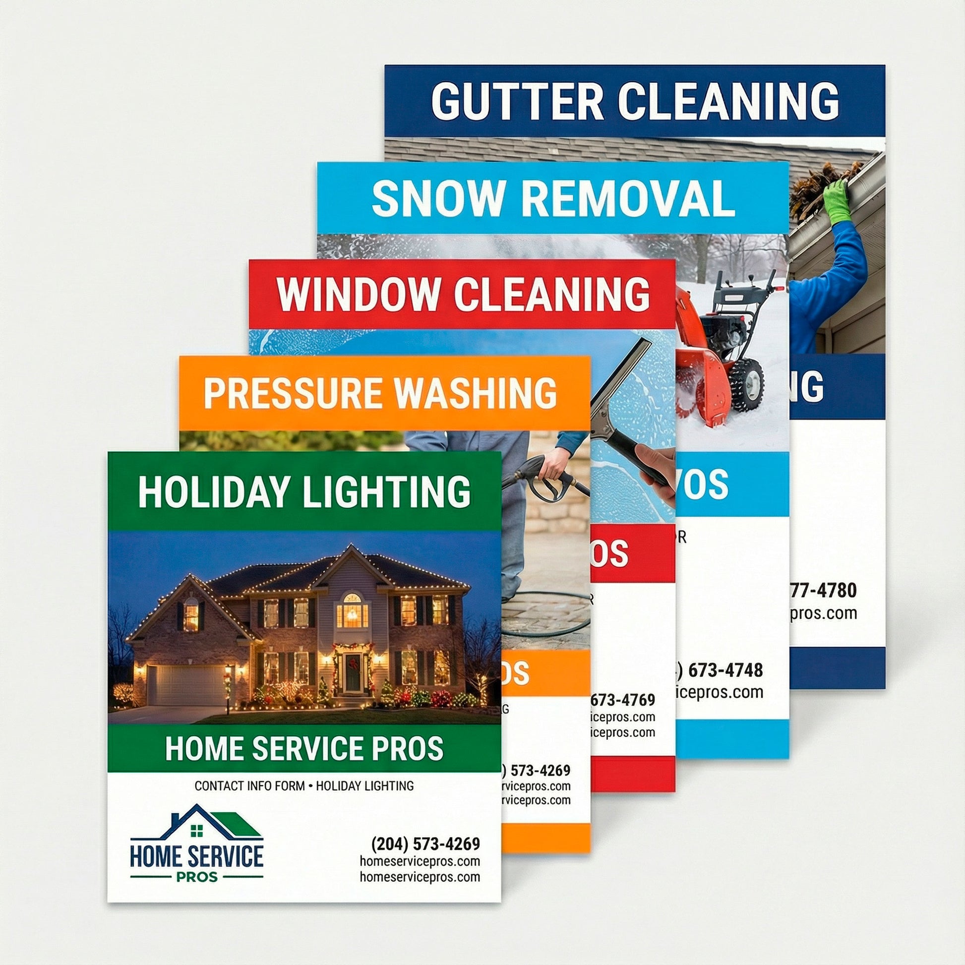 Stagger cut flyers showcasing multiple home services including gutter cleaning, snow removal, window cleaning, pressure washing, and holiday lighting printed by WCR Marketing