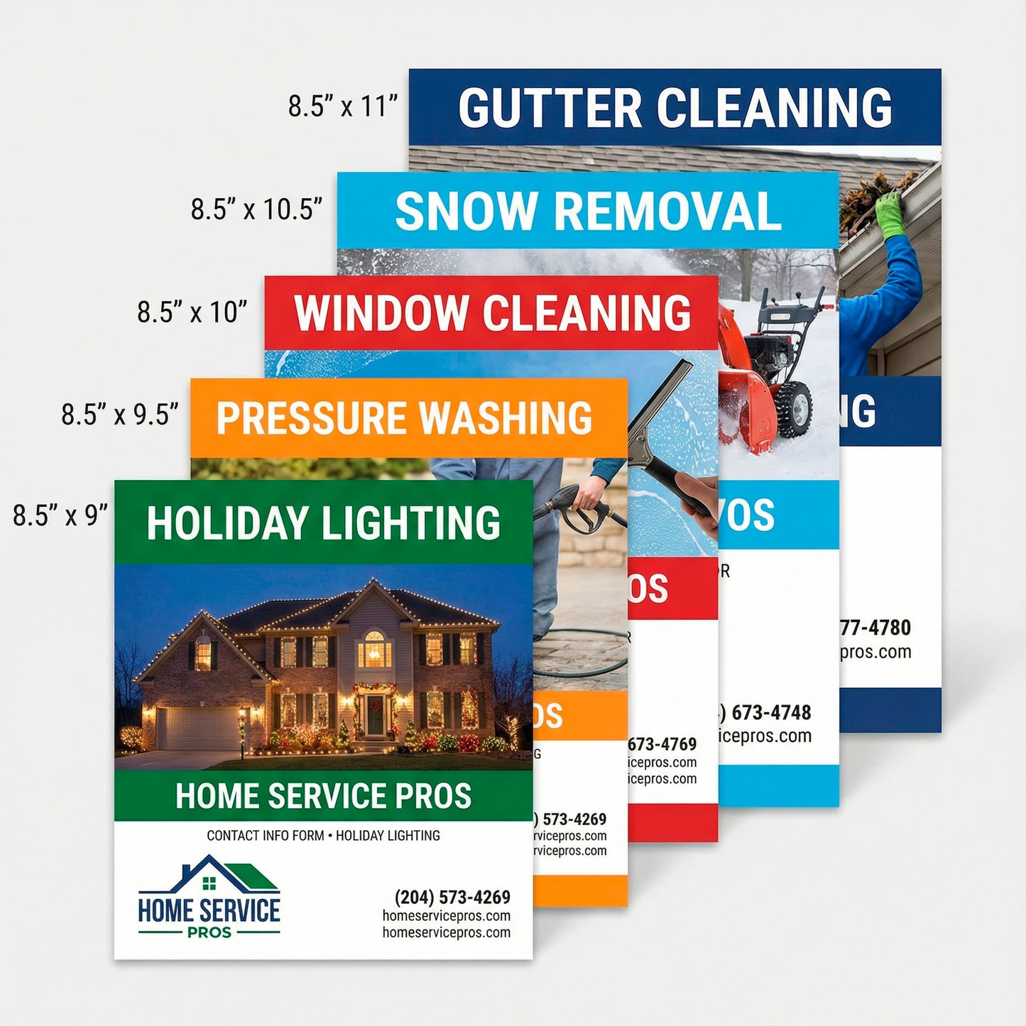 Stagger cut flyers with presentation folders for home service marketing campaigns printed by WCR Marketing