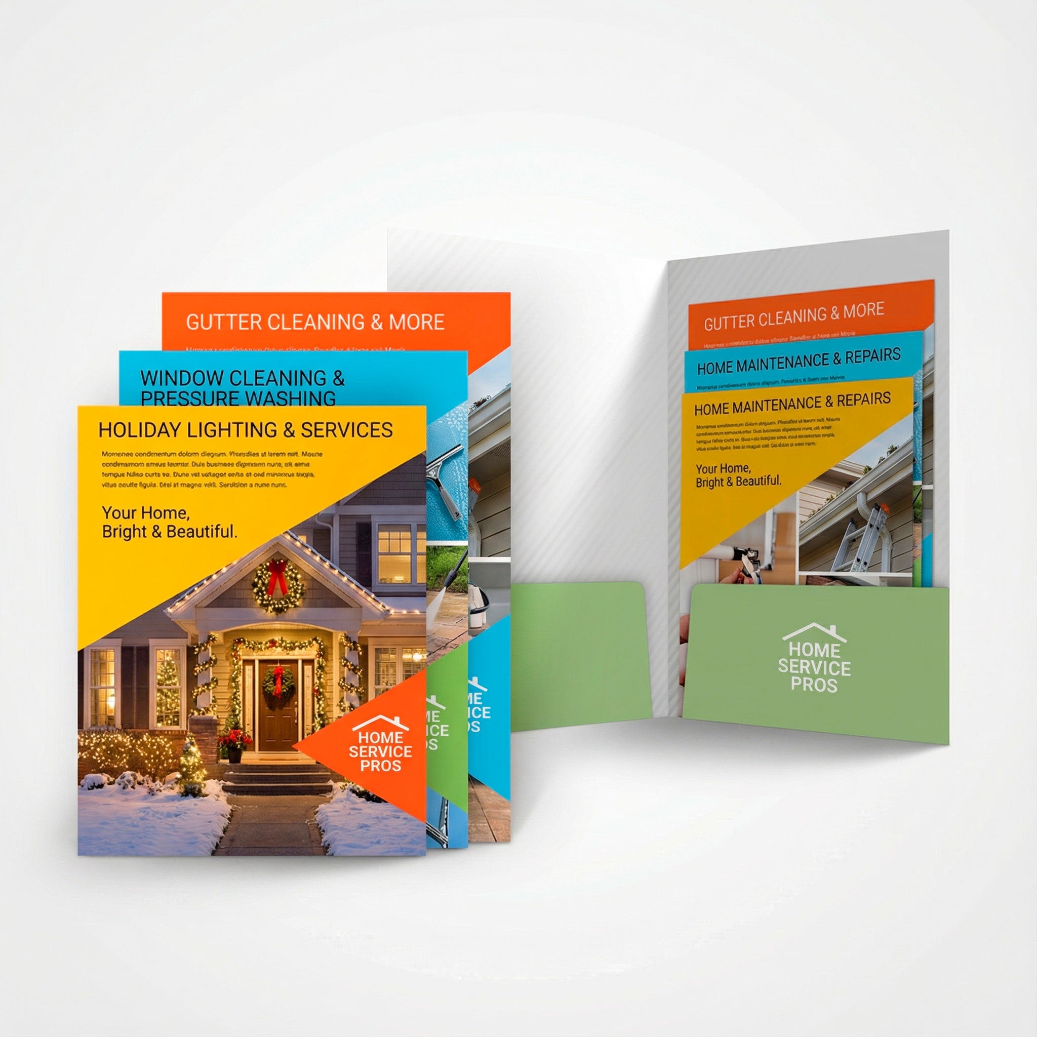 Open presentation folders with stagger cut flyers for home services marketing printed by WCR Marketing