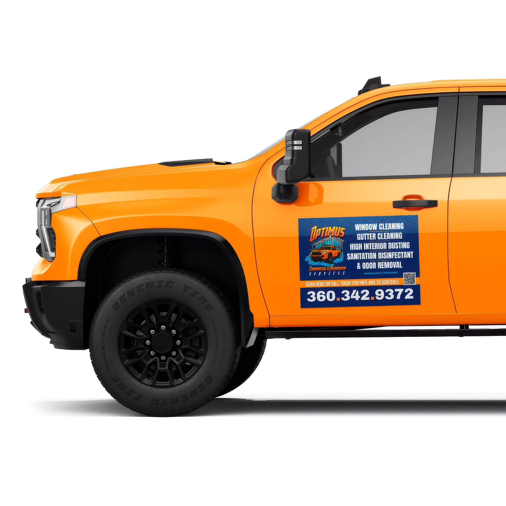 Window cleaning and exterior cleaning truck magnet displayed on a bright orange pickup, featuring bold service list and contact number, printed by WCR Marketing.