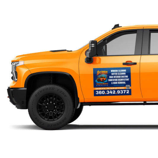 Window cleaning and exterior cleaning truck magnet displayed on a bright orange pickup, featuring bold service list and contact number, printed by WCR Marketing.
