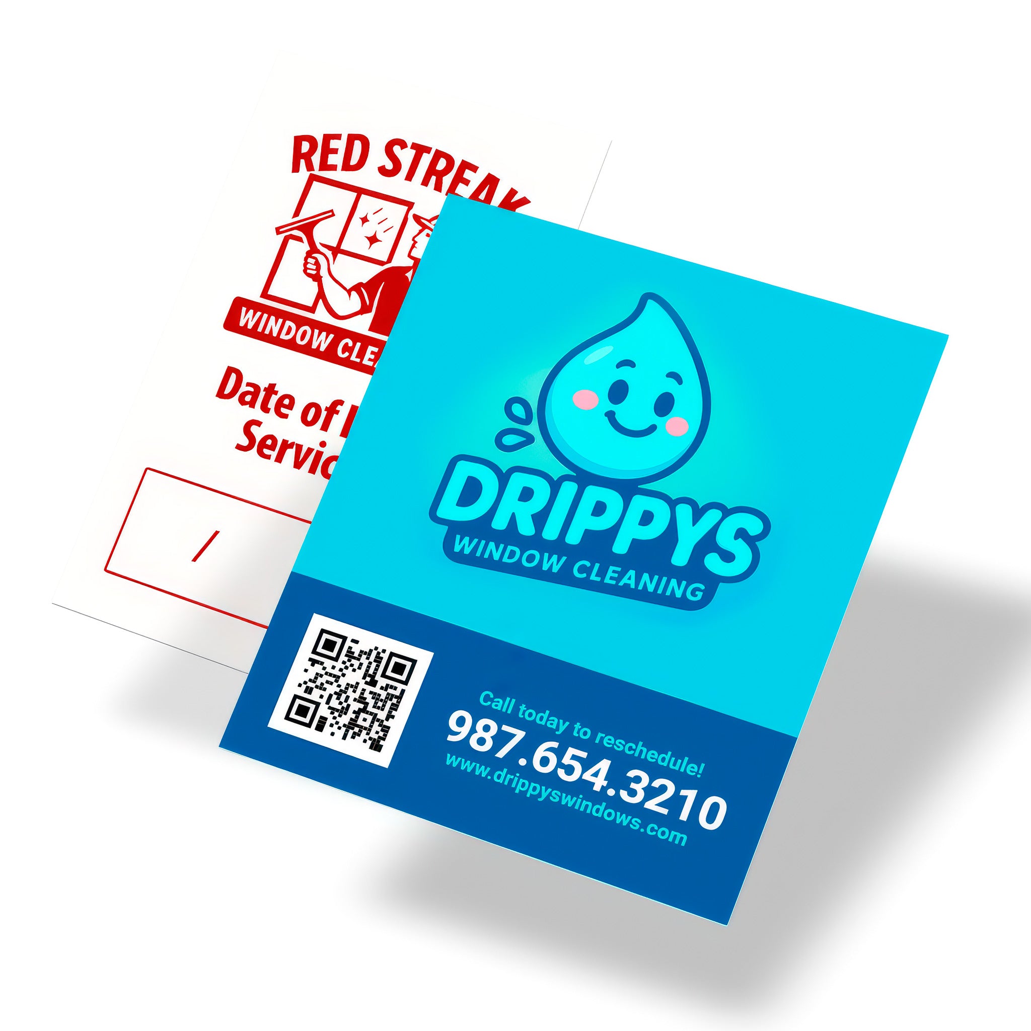 Window cleaning reminder cards with branding, QR code, and service scheduling details, designed for customer follow-up, printed by WCR Marketing.
