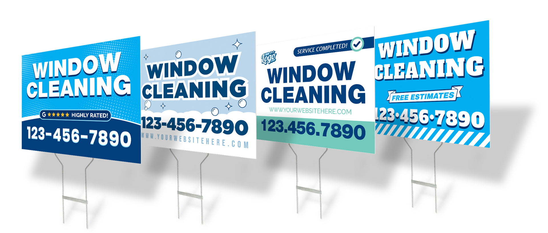 Collage of window cleaning yard sign designs showing multiple styles, colors, and layouts for residential and commercial service businesses, printed by WCR Marketing.