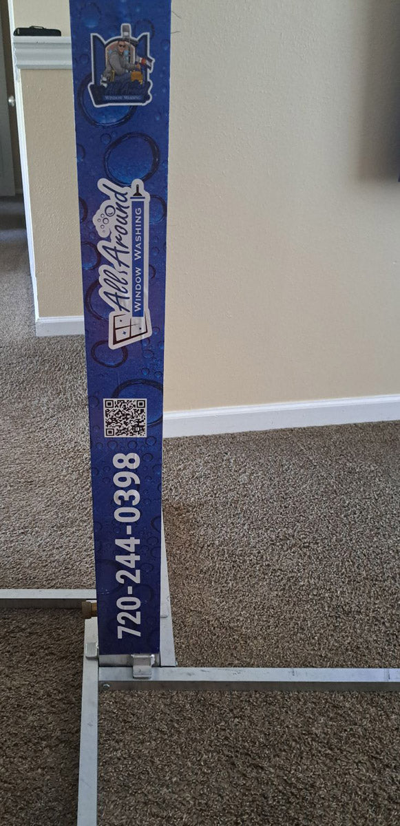 All Around Window Washing custom XERO Screen Cleaner decal with blue bubble background, QR code, and bold contact number, printed by WCR Marketing.