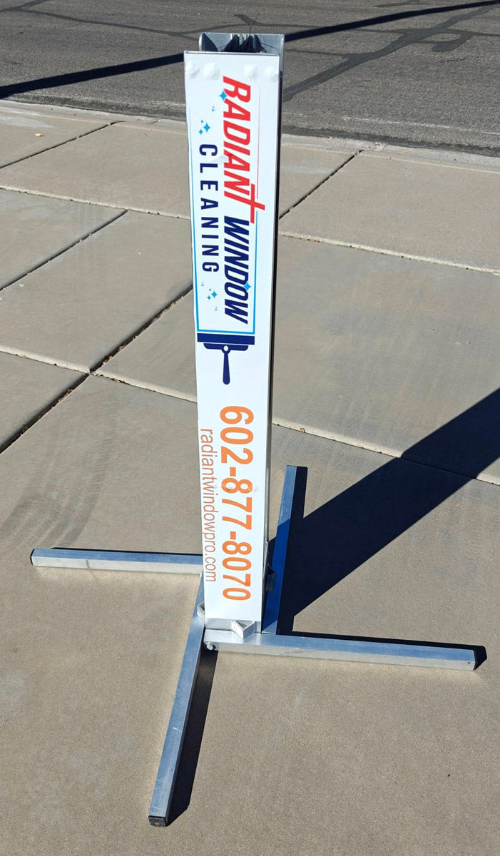 Radiant Window Cleaning custom XERO Screen Cleaner decal installed on aluminum base, featuring red and blue vertical logo and contact number, printed by WCR Marketing.