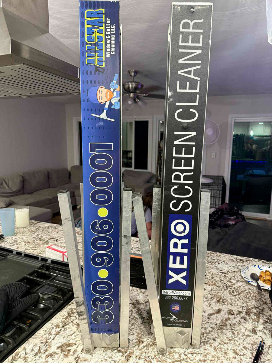 Comparison photo showing XERO Screen Cleaner decal alongside All Star Window & Gutter Cleaning version, demonstrating product customization, printed by WCR Marketing.