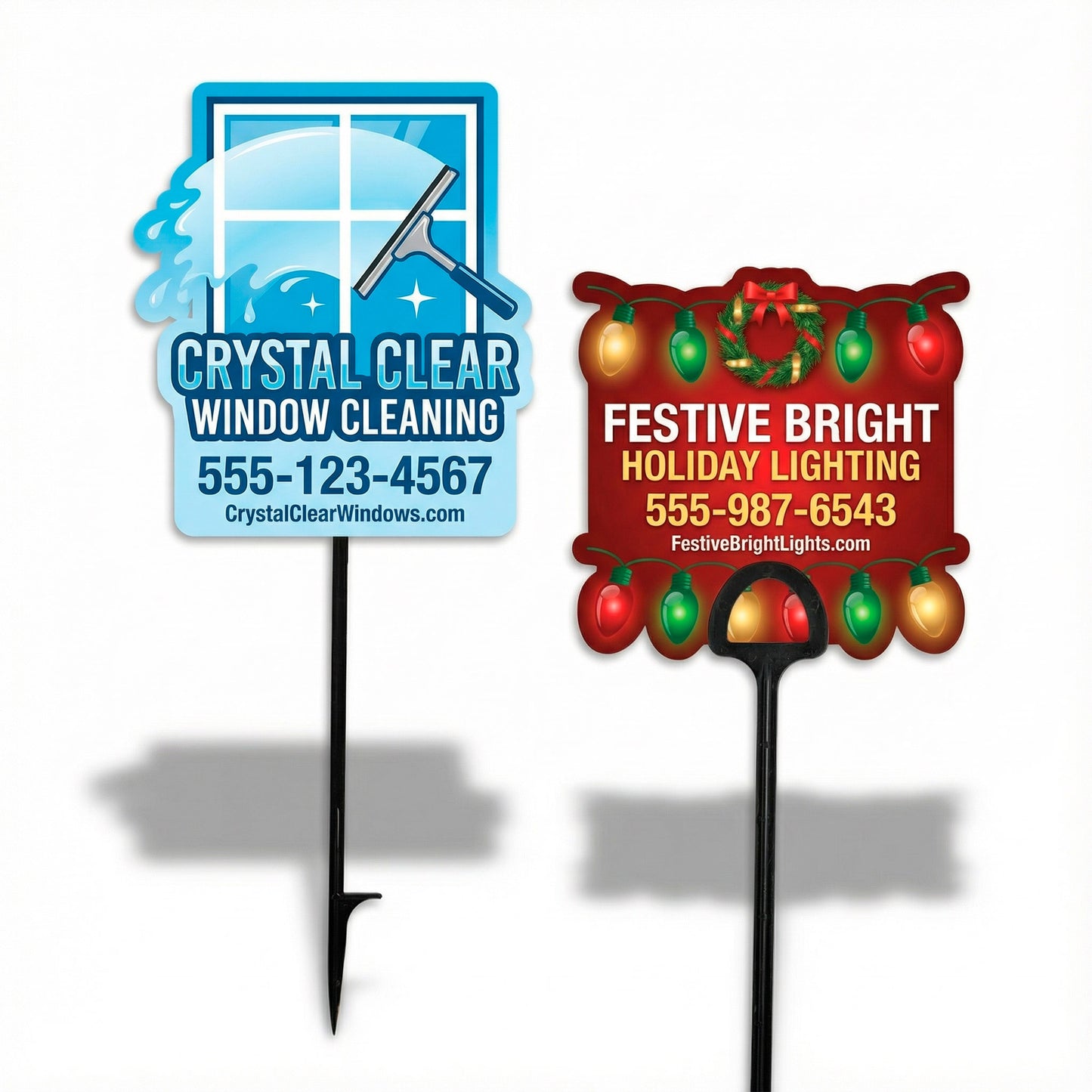 Square yard marking signs for window cleaning and holiday lighting services with metal stakes printed by WCR Marketing