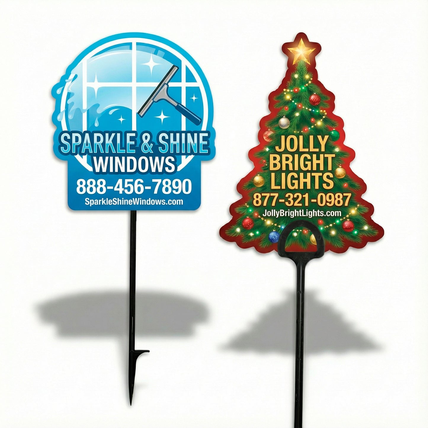 Custom yard marking signs for window cleaning and holiday lighting businesses displayed with ground stakes printed by WCR Marketing