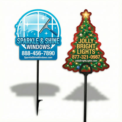 Custom yard marking signs for window cleaning and holiday lighting businesses displayed with ground stakes printed by WCR Marketing