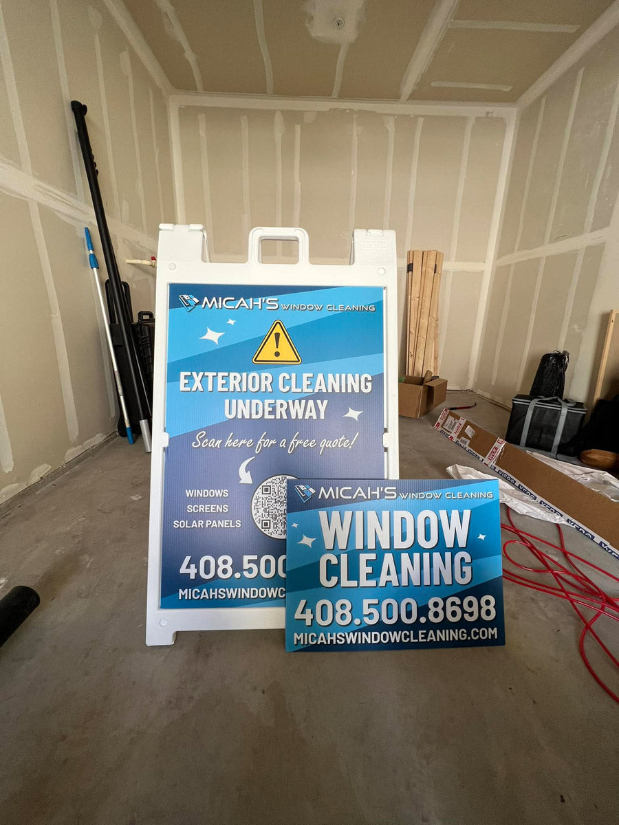 Close-up of Micah’s Window Cleaning yard sign promoting exterior cleaning services with QR code for free quote, printed by WCR Marketing.