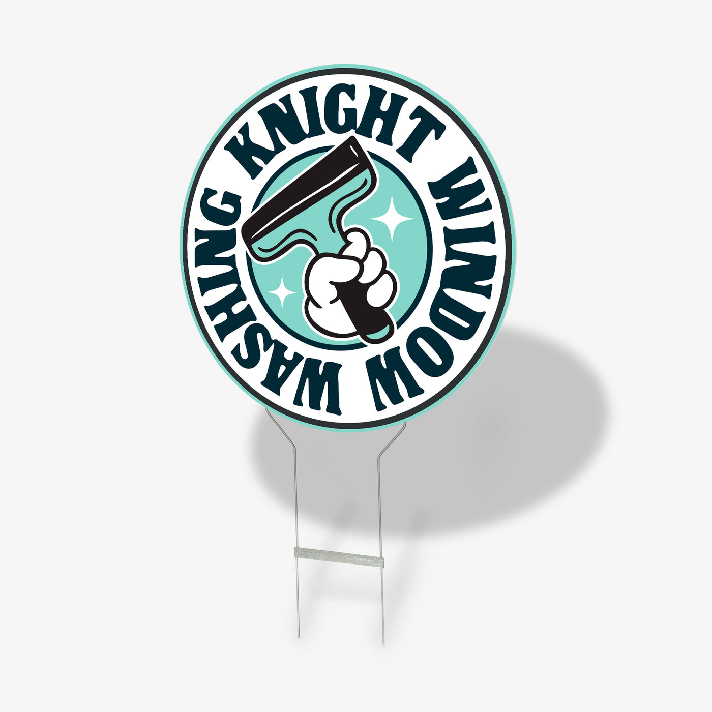 Circular die-cut yard sign featuring a window washing knight logo with squeegee illustration and teal accent ring, printed by WCR Marketing.