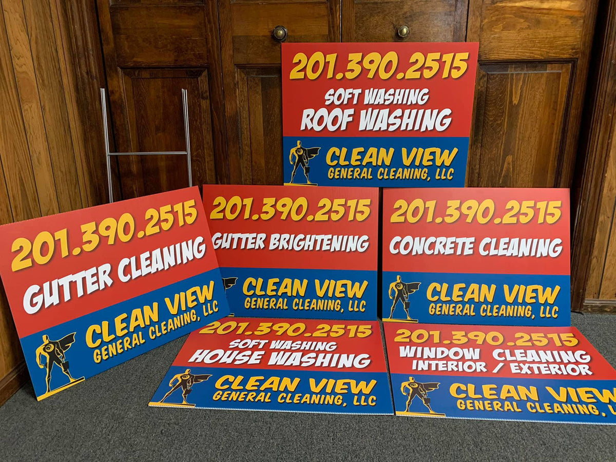 Set of yard signs for Clean View General Cleaning promoting gutter cleaning, roof washing, brightening, concrete cleaning, and house washing, printed by WCR Marketing.