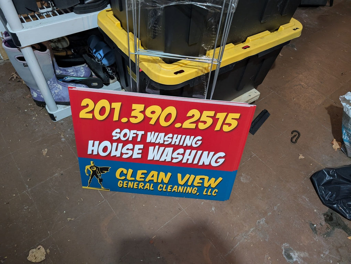 Soft Washing and House Washing yard sign for Clean View General Cleaning in bold red and blue colors, printed by WCR Marketing.